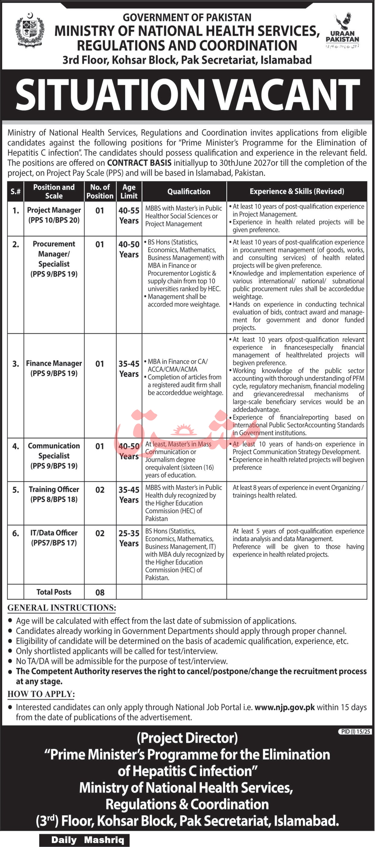 Jobs in Ministry of National Health Services Islamabad